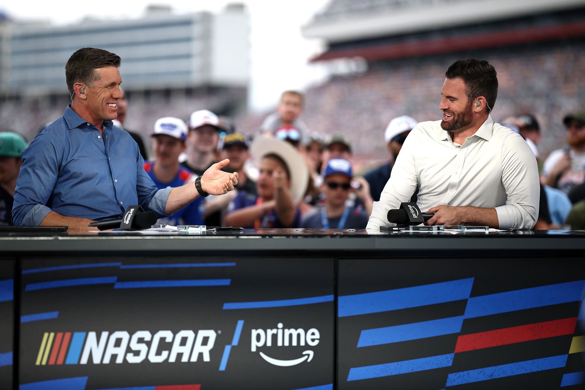 NASCAR analyst Carl Edwards (L) and Corey LaJoie on the NASCAR on Amazon Prime Video set at Charlotte. Source: Getty